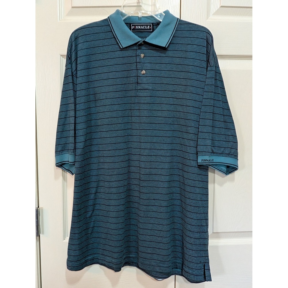 Vintage Pinnacle Mens XL Polo Shirt Teal Black Striped Gorpcore Dad Golf 90s